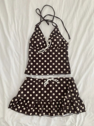 Mocha Dot Halterneck Sleeveless Top & Skirt Piece Bikini Set Swimsuit