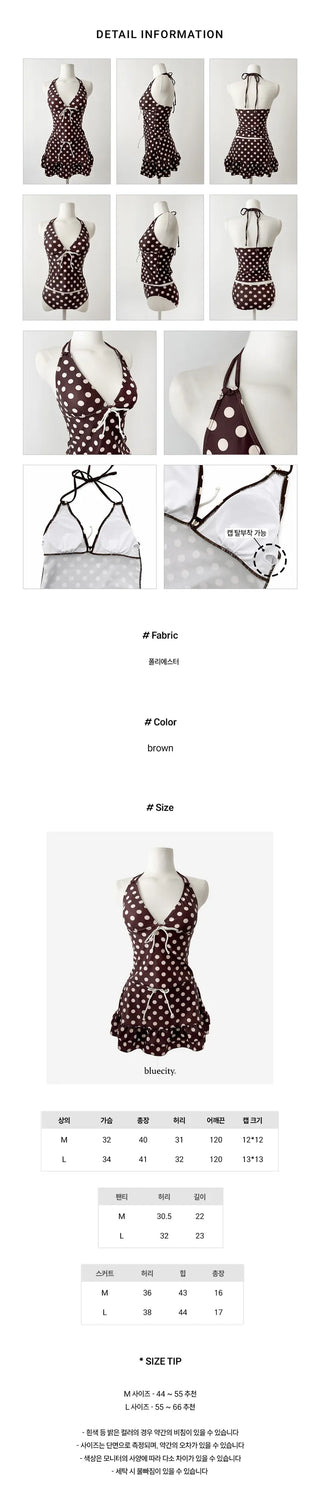 Mocha Dot Halterneck Sleeveless Top & Skirt Piece Bikini Set Swimsuit