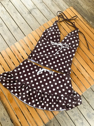 Mocha Dot Halterneck Sleeveless Top & Skirt Piece Bikini Set Swimsuit