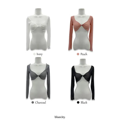 See-through Bolero Twisted Crop V-Neck Long Sleeve Mesh Cover-up