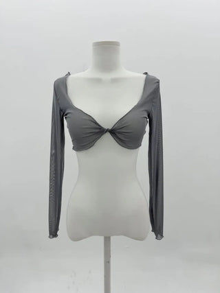 See-through Bolero Twisted Crop V-Neck Long Sleeve Mesh Cover-up