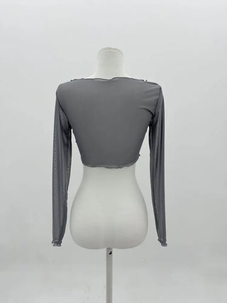 See-through Bolero Twisted Crop V-Neck Long Sleeve Mesh Cover-up