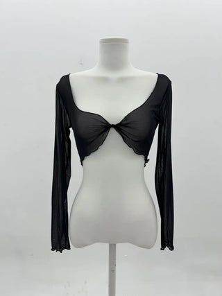 See-through Bolero Twisted Crop V-Neck Long Sleeve Mesh Cover-up