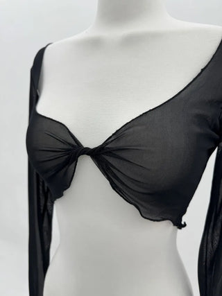 See-through Bolero Twisted Crop V-Neck Long Sleeve Mesh Cover-up
