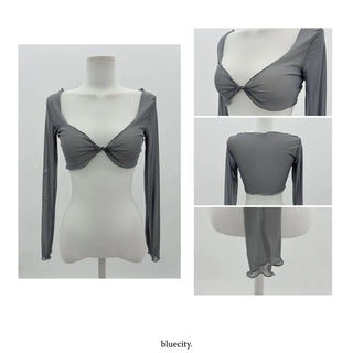 See-through Bolero Twisted Crop V-Neck Long Sleeve Mesh Cover-up