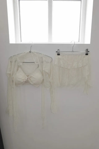 Robe Lace See-through Wavy Frill Piece Set Bikini Swimsuit