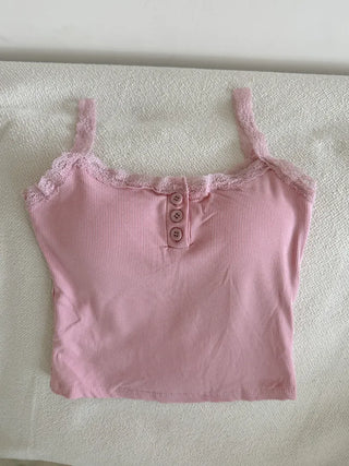 Hazel Lace Ribbed Button Henley Neck Bralette Inner Strap Sleeveless