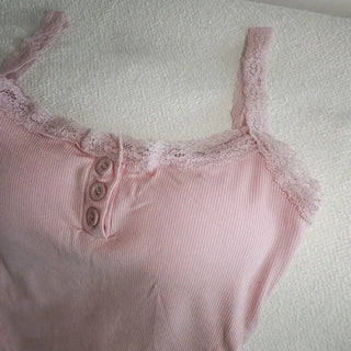 Hazel Lace Ribbed Button Henley Neck Bralette Inner Strap Sleeveless