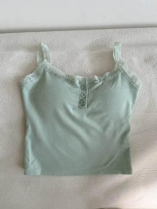 Hazel Lace Ribbed Button Henley Neck Bralette Inner Strap Sleeveless