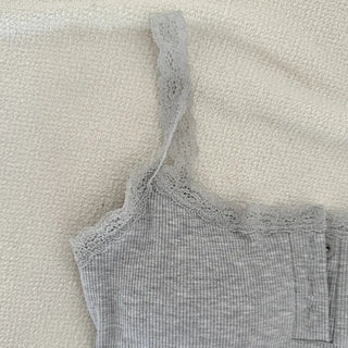 Hazel Lace Ribbed Button Henley Neck Bralette Inner Strap Sleeveless