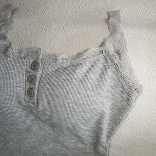 Hazel Lace Ribbed Button Henley Neck Bralette Inner Strap Sleeveless