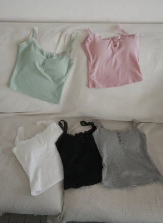 Hazel Lace Ribbed Button Henley Neck Bralette Inner Strap Sleeveless