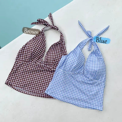 Small Check Folding Halter Neck Shorts Bikini Set Swimsuit