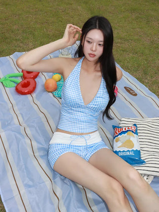 Small Check Folding Halter Neck Shorts Bikini Set Swimsuit
