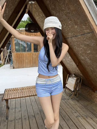 Small Check Folding Halter Neck Shorts Bikini Set Swimsuit