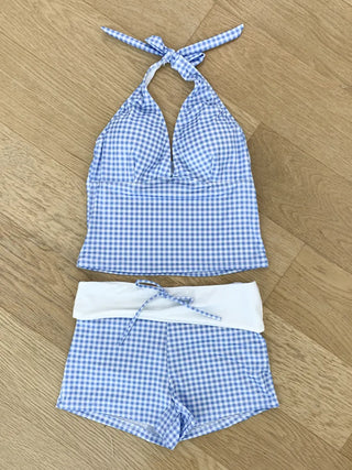 Small Check Folding Halter Neck Shorts Bikini Set Swimsuit
