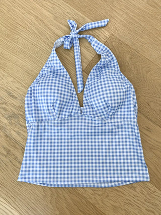 Small Check Folding Halter Neck Shorts Bikini Set Swimsuit