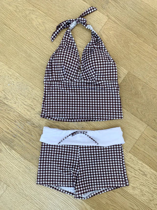 Small Check Folding Halter Neck Shorts Bikini Set Swimsuit