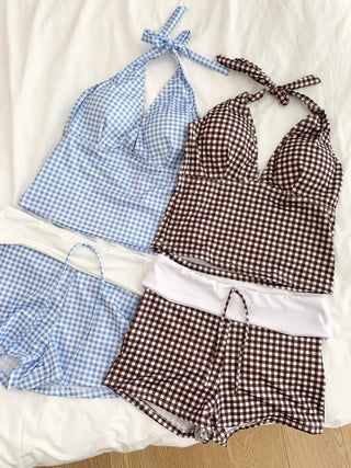 Small Check Folding Halter Neck Shorts Bikini Set Swimsuit
