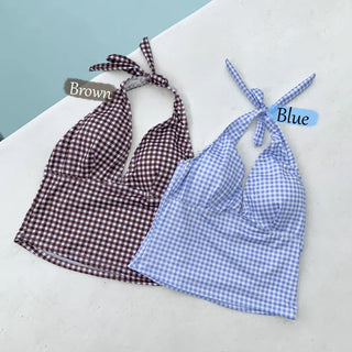 Small Check Folding Halter Neck Shorts Bikini Set Swimsuit