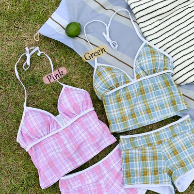 Candy Check V-Neck Halter Sleeveless Top and Shorts Two-Piece Bikini Set Swimsuit