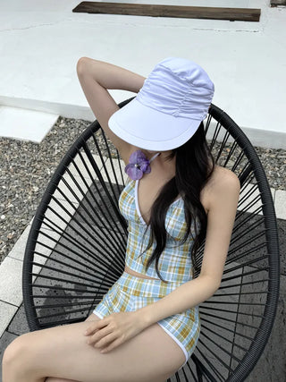 Candy Check V-Neck Halter Sleeveless Top and Shorts Two-Piece Bikini Set Swimsuit