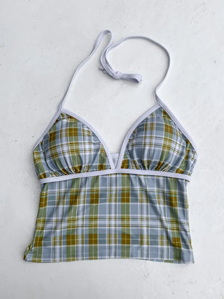 Candy Check V-Neck Halter Sleeveless Top and Shorts Two-Piece Bikini Set Swimsuit