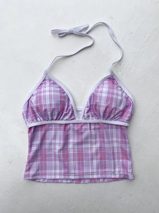Candy Check V-Neck Halter Sleeveless Top and Shorts Two-Piece Bikini Set Swimsuit