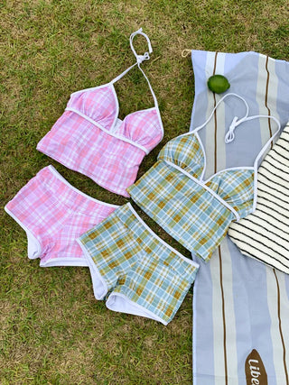 Candy Check V-Neck Halter Sleeveless Top and Shorts Two-Piece Bikini Set Swimsuit