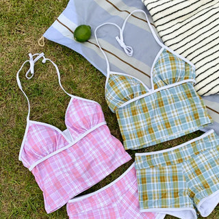 Candy Check V-Neck Halter Sleeveless Top and Shorts Two-Piece Bikini Set Swimsuit
