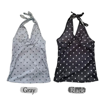 Halter Dot Pattern Strap V-Neck Sleeveless Top