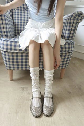 Punched Long Ribbon See-through Colored Long Knee Socks Pleated Warmer Socks