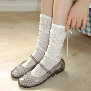 Punched Long Ribbon See-through Colored Long Knee Socks Pleated Warmer Socks