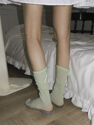 Punched Long Ribbon See-through Colored Long Knee Socks Pleated Warmer Socks