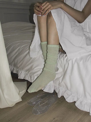 Punched Long Ribbon See-through Colored Long Knee Socks Pleated Warmer Socks