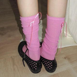 Punched Long Ribbon See-through Colored Long Knee Socks Pleated Warmer Socks