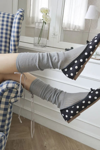 Punched Long Ribbon See-through Colored Long Knee Socks Pleated Warmer Socks