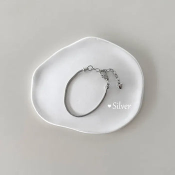 Heart Charm Drop Silver Snake Chain Layered Bracelet