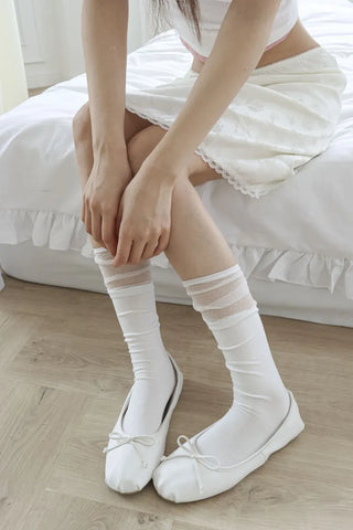 See-through Color Block Basic Elastic Balletcore Knee Socks