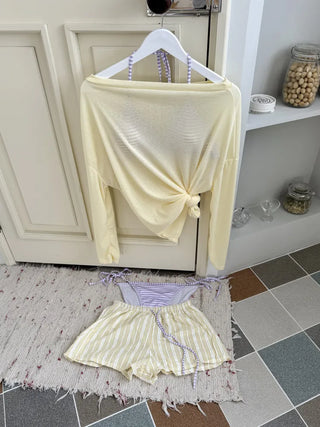 Pico Stripe Pastel Off-shoulder Shorts Cover-up Bikini Swimsuit