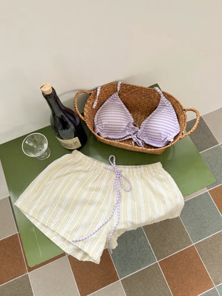 Pico Stripe Pastel Off-shoulder Shorts Cover-up Bikini Swimsuit