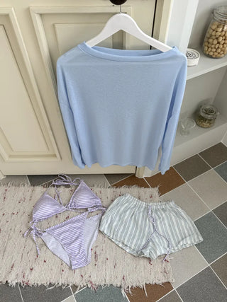 Pico Stripe Pastel Off-shoulder Shorts Cover-up Bikini Swimsuit