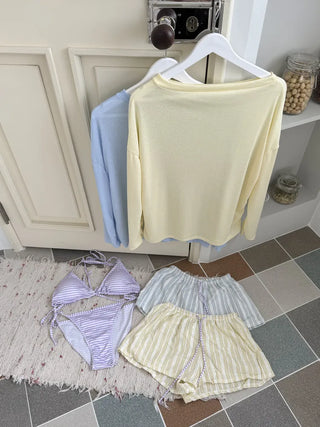 Pico Stripe Pastel Off-shoulder Shorts Cover-up Bikini Swimsuit