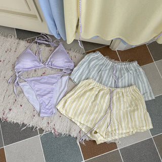 Pico Stripe Pastel Off-shoulder Shorts Cover-up Bikini Swimsuit