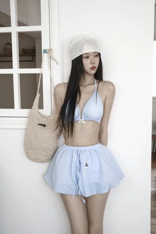 Balloon Stripe Skirt Cover-up Bikini Set Swimsuit