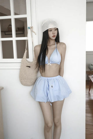 Balloon Stripe Skirt Cover-up Bikini Set Swimsuit