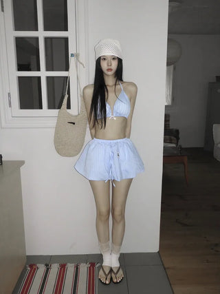 Balloon Stripe Skirt Cover-up Bikini Set Swimsuit