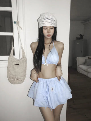 Balloon Stripe Skirt Cover-up Bikini Set Swimsuit