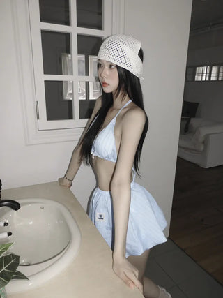 Balloon Stripe Skirt Cover-up Bikini Set Swimsuit