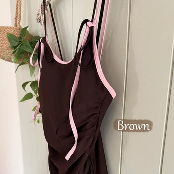 Color-Blocked Strap Ribbon Pink Brown Shirred Monokini Swimsuit